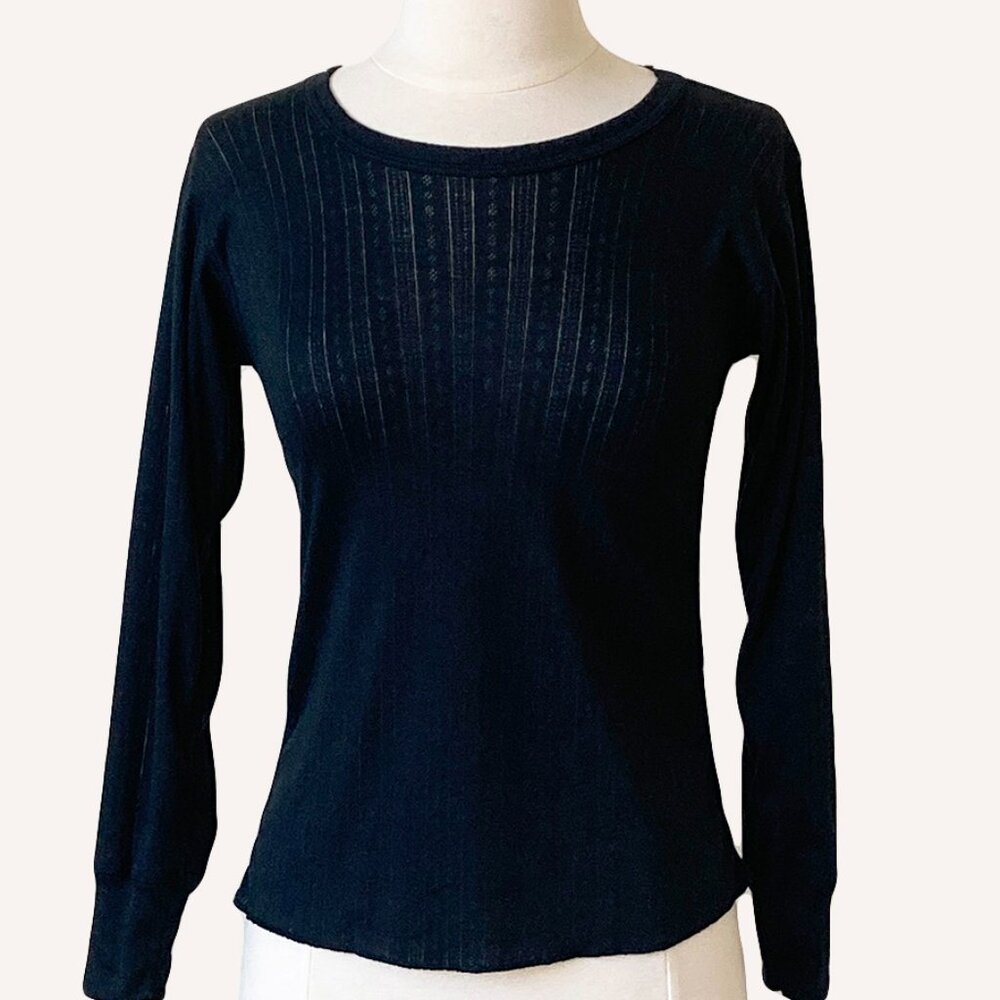 Black Pointelle Knit Crew Neck Tee, Small